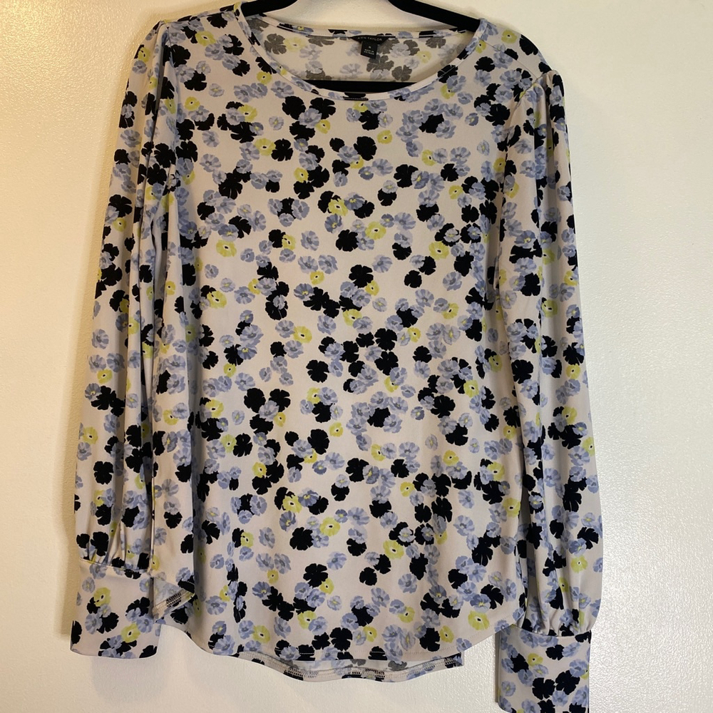 Women's Ann Taylor Floral Print Blouse White/Black/Blue/Yellow Size M